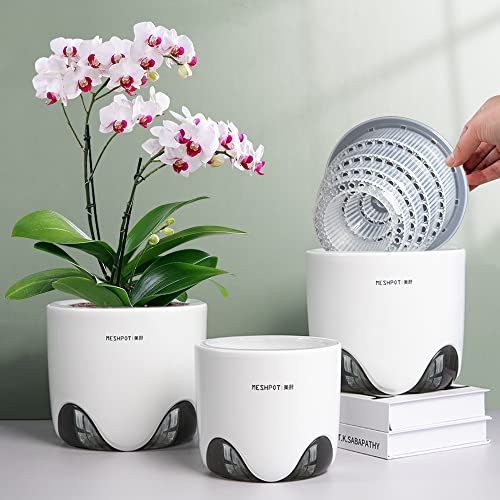 Meshpot 12 cm Orchideentöpfe mit Löchern,2er-Set,Doppelschicht Kunststoff Imitieren Keramische Orchidee Pflanzer,Transparent Orchidee Topf Match Dekorative Orchidee Container von Meshpot