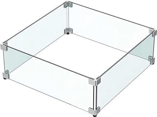 MESIDA 38 x 38 x 15 cm Feuerstelle, Glas-Windschutz, gehärtetes Glas, Feuerstelle, Tischschild, dick und stabil, mit Harter Aluminium-Eckhalterung und Gummifüßen von Mesida