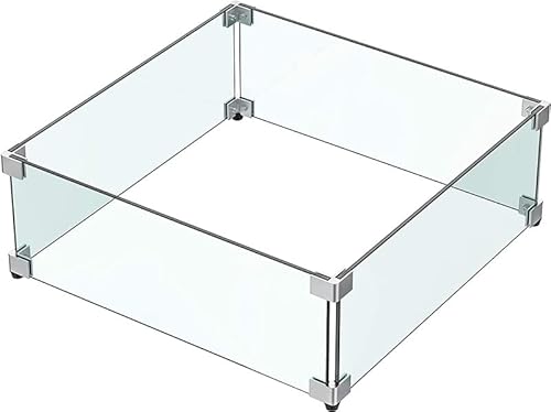 MESIDA 60 x 60 x 15 cm Feuerstelle, Glas-Windschutz, gehärtetes Glas, Feuerstelle, Tischschild, dick und stabil, mit Harter Aluminium-Eckhalterung und Gummifüßen von Mesida