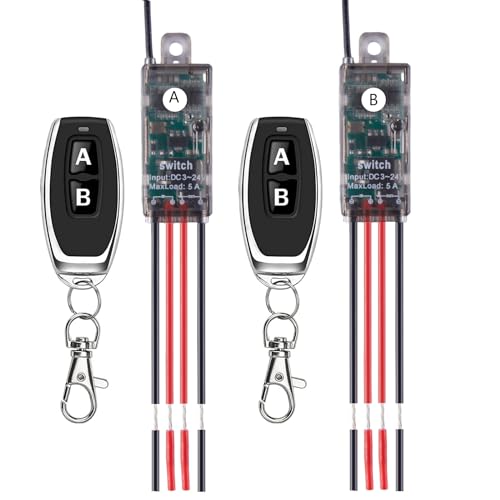 Meskliu 12v funkschalter,2 Kanal Mini Funkschalter mit Fernbedienung,DC5V-24V 5A Funk Relais Wandschalter,Kabelloser Lichtschalter mit 50m Long Range für Garagentor, Motor, Markise… von Meskliu