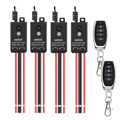 Meskliu 12v funkschalter,4 Kanal Mini Funkschalter mit Fernbedienung,DC12V-48V 10A Funk Relais Wandschalter,Kabelloser Lichtschalter mit 328ft Long Range für Garagentor, Motor, Markise… von Meskliu