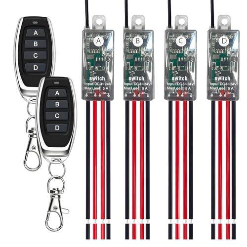Meskliu 12v funkschalter,4 Kanal Mini Funkschalter mit Fernbedienung,DC5V-24V 5A Funk Relais Wandschalter,Kabelloser Lichtschalter mit 50m Long Range für Garagentor, Motor, Markise… von Meskliu