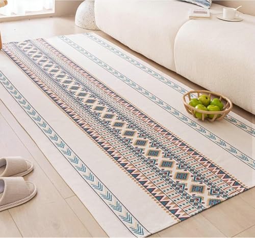 Büroteppich Bürostuhl, Ethnisches geometrisches Muster Teppiche aus Baumwoll-Leinen Perfekt für Terrasse, Balkon, Garten & Küche, Blau Rot Beige, Größe: Rechteckig 85x210cm von Mesnt
