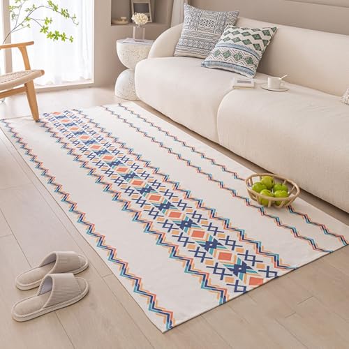 Büroteppich Bürostuhl, Geometrisches Muster Teppiche aus Baumwoll-Leinen ideal für Küche und Esszimmer, Boho-Style, Blau Orange, Größe: Rechteckig 85x210cm von Mesnt