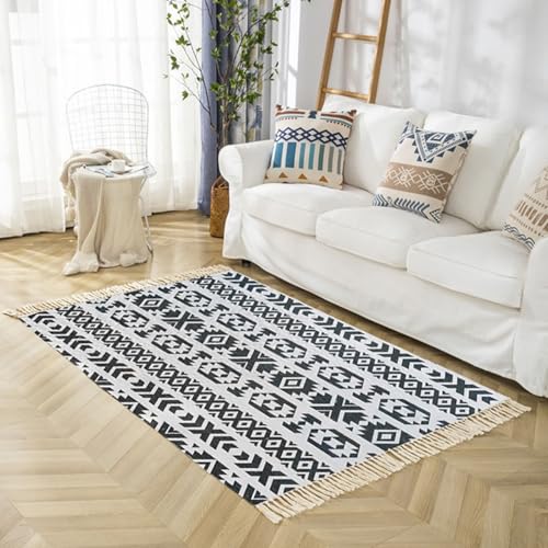 Büroteppich Bürostuhl, Geometrisches Muster mit Quasten Teppiche aus Baumwoll-Leinen Ideal für Terrasse Balkon Wohnzimmer & Küche, Schwarzgrau, Stil 2, Größe: Rechteckig 50x80cm von Mesnt