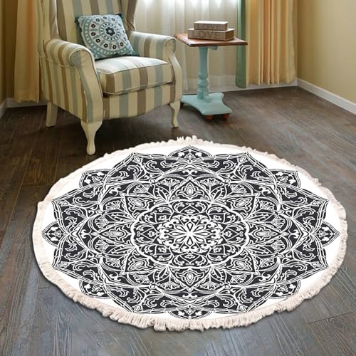 Büroteppich Bürostuhl, Mandala Blumenmuster mit Quaste Teppiche aus Polyester Moderne Teppiche Matte Teppichen für Schlafzimmer Kinderzimmer, Grau, Stil 1, Größe: Rund 100cm von Mesnt