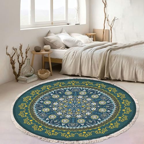Büroteppich Bürostuhl, Mandala-Muster Teppiche aus Polyester Moderne Teppiche Matte Teppichen für Schlafzimmer Kinderzimmer, Grün Gelb Blau, Stil 1, Größe: Rund 180cm von Mesnt