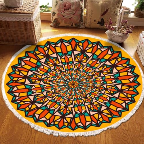Büroteppich Bürostuhl, Mandala-Muster mit Quaste Teppiche aus Polyester Moderne Teppiche Matte Teppichen für Schlafzimmer Kinderzimmer, Gelb Orange, Stil 2, Größe: Rund 90cm von Mesnt