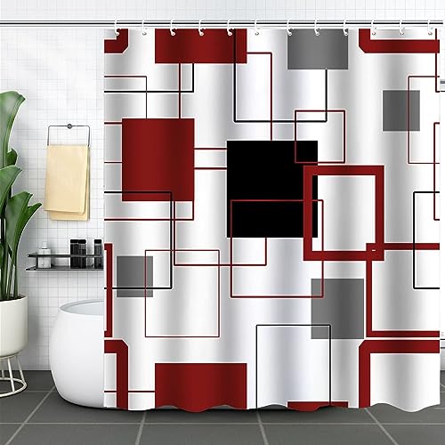 Duschvorhang 150 x 180 cm, Geometrisches Gittermuster Badezimmer-Duschvorhang mit Metallösen aus Polyester, Schwarz Grau Rot von Mesnt