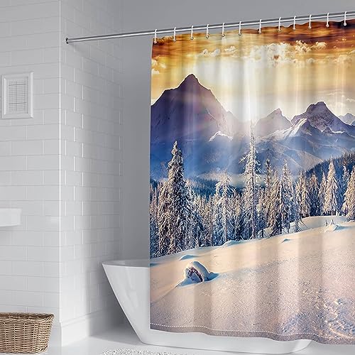 Duschvorhang Motiv Natur, 150x180cm Duschvorhänge für Badezimmer mit C-Ringe aus Polyester Baumgebirgsschneelandschaft, Weiß grau von Mesnt