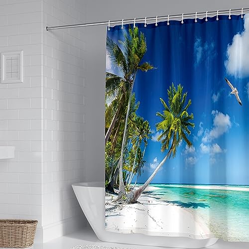 Duschvorhang Strand Meer, 240x200cm Badezimmer Textil Vorhang Anti Schimmel aus Polyester Palmen-Meer-Strand-Landschaft, Blau Grün von Mesnt