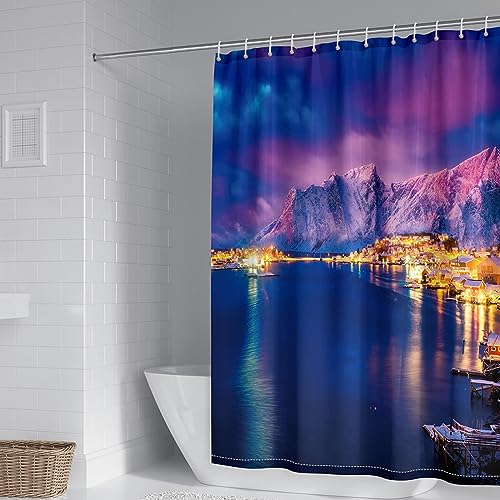 Duschvorhang Waschbar Muster, 240x200cm Badezimmer-Duschvorhang mit Metallösen aus Polyester Bergsee-Nachtlandschaft, Blau Lila von Mesnt