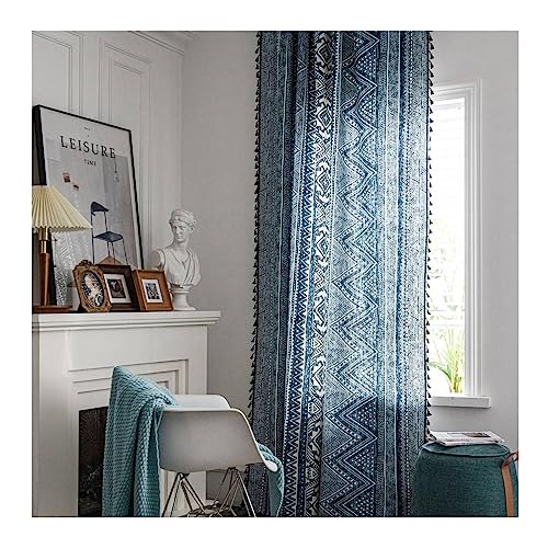 Gardine Halbtransparent, Bohemian Style Geometrische Muster Dekorative Semi Blackout Vorhänge für Schlafzimmer aus Baumwolle, Blau-Haken, 150x200CM-2 STÜCK von Mesnt