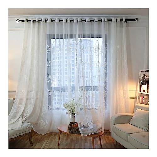 Gardinen Wohnzimmer, Baumwolle Leinen Durchsichtiger Vorhang mit besticktem Blumenmuster, halbtransparent, Weiß, H229 x B137 cm von Mesnt