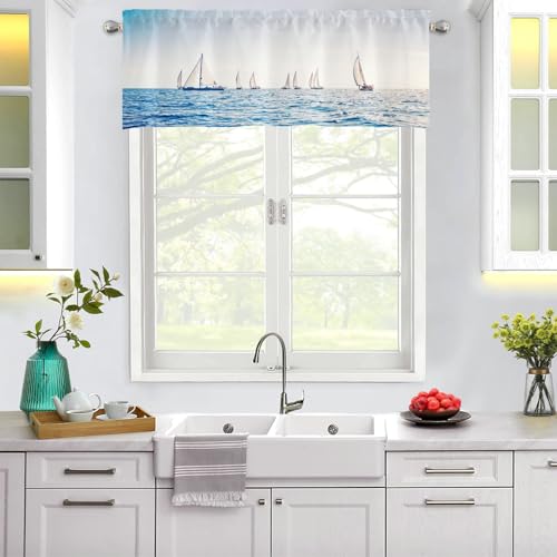Kurze Gardinen Modern, Blau Weiß Bedrucktes Segelboot Ozean-Muster Modern Dekoschals Scheibengardinen Bistrogardine für Schlafzimmer, Polyester, B137 x H45 cm Kurze Gardinen Modern, Blau Weiß Bedrucktes Segelboot Ozean-Muster Modern Dekoschals Scheibengardinen Bistrogardine für Schlafzimmer, Polyester, B137 x H45 cm von Mesnt