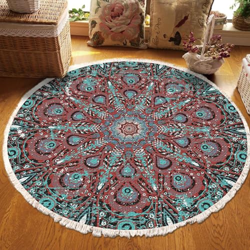 Mesnt Auslegware Teppichboden, Mandala-Muster Teppiche aus Polyester Ideal für Terrasse Balkon Wohnzimmer & Küche, Rot Braun Grün, Stil 3, Größe: Rund 200cm von Mesnt