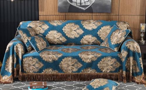 Mesnt Bezug Sofa 3 Sitzer, Blau Braun Waschbar Sofa Protection Cover Schonbezug Couch mit Jacquard-Blumenblatt mit Quaste aus Chenille, 190x330cm von Mesnt