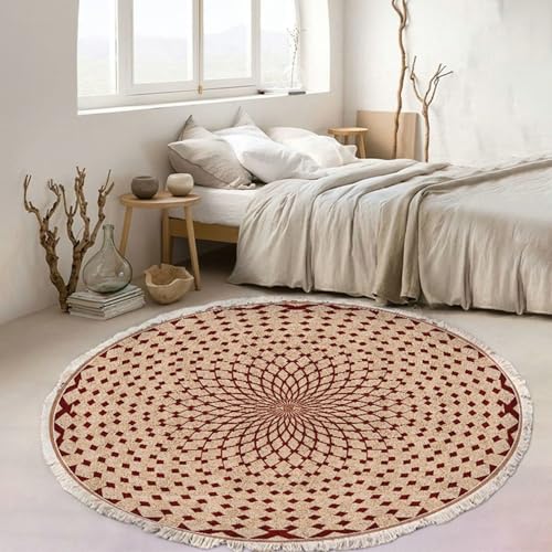 Mesnt Büroteppich Bürostuhl, Geometrisches Gitter Teppiche aus Polyester ideal für Küche und Esszimmer, Boho-Style, Rot Beige, Stil 2, Größe: Rund 100cm von Mesnt
