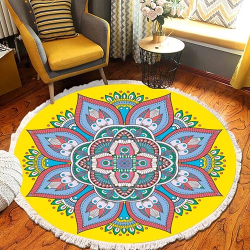 Mesnt Büroteppich Bürostuhl, Mandala Blumen Teppiche aus Polyester ideal für Küche und Esszimmer, Boho-Style, Gelb Hellblau, Stil 2, Größe: Rund 200cm von Mesnt