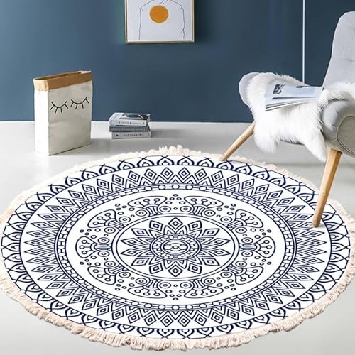 Mesnt Büroteppich Bürostuhl, Mandala Blumenmuster mit Quaste Teppiche aus Polyester Pflegeleicht Küchenteppich Ideal für Terrasse Balkon Garten, Marineblau Weiß, Stil 1, Größe: Rund 80cm von Mesnt