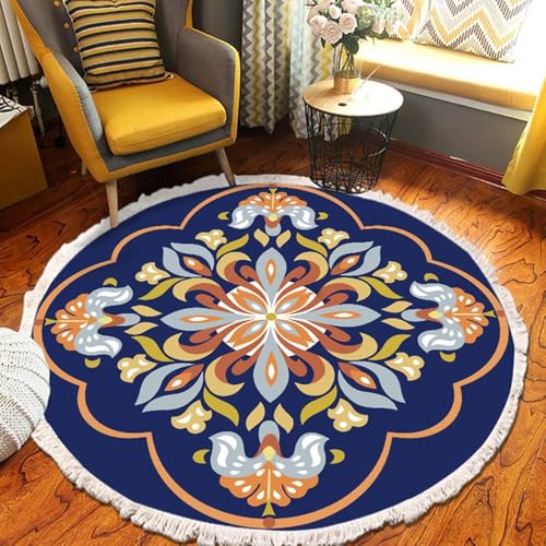 Mesnt Büroteppich Bürostuhl, Mandala-Muster mit Quaste Teppiche aus Polyester Pflegeleicht Küchenteppich Ideal für Terrasse Balkon Garten, Marineblau, Stil 2, Größe: Rund 60cm von Mesnt