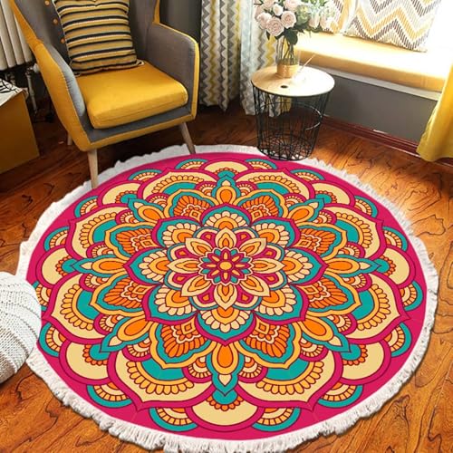 Mesnt Büroteppich Bürostuhl, Mandala-Muster mit Quaste Teppiche aus Polyester ideal fürs Wohnzimmer, Schlafzimmer und Kinderzimmer auch als Badematte, Rose Rot Orange, Stil 1, Größe: Rund 90cm von Mesnt