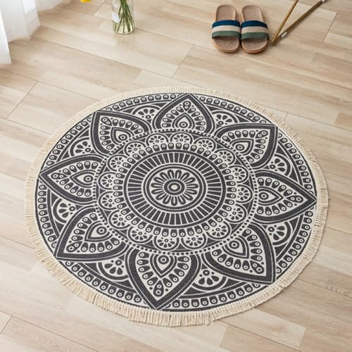 Mesnt Büroteppich Bürostuhl, Mandala-Muster mit Quasten Teppiche aus Baumwoll-Leinen Küchenteppich, Balkon Terrassen Garten Wohnzimmer Teppich, Schwarz Beige, Stil 3, Größe: Rund 180cm von Mesnt