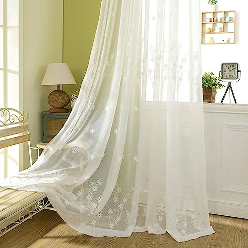 Mesnt Curtains for Bedroom Sheer, Light Sheer Curtain with Embroided Flower for Living Room, Bedroom, White-Hook, 52W x 62H inch von Mesnt