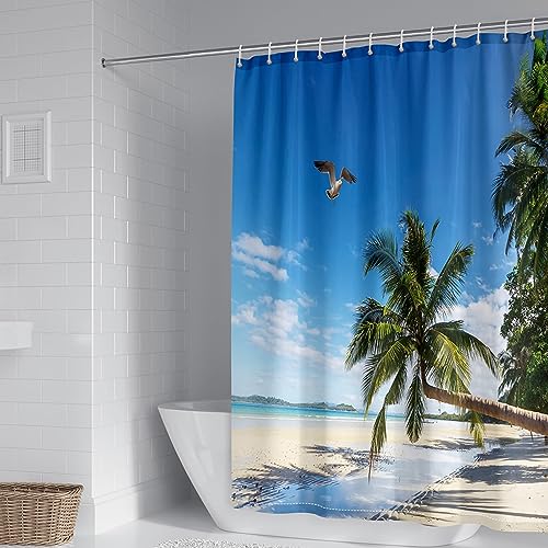 Mesnt Duschvorhang 150 x 180 cm, Strand-Palmen-Landschaft Duschvorhänge für Badezimmer mit C-Ringe aus Polyester, Blau Grün Mesnt Duschvorhang 150 x 180 cm, Strand-Palmen-Landschaft Duschvorhänge für Badezimmer mit C-Ringe aus Polyester, Blau Grün von Mesnt