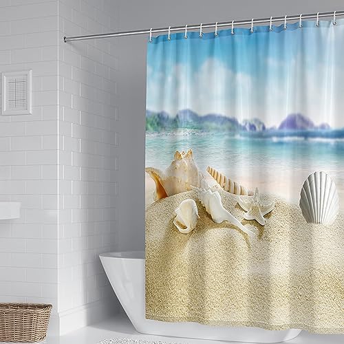 Mesnt Duschvorhang 150x200 Anti Schimmel, Muschelstrand Duschvorhänge für Badezimmer mit C-Ringe aus Polyester, Blaubeige von Mesnt