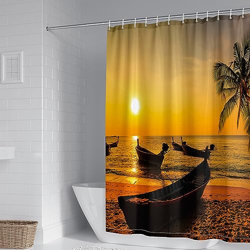 Mesnt Duschvorhang 200x200, Boot Meer Sonnenuntergang Landschaft Palmblatt Polyester Textil Wannenvorhang, Goldschwarz von Mesnt