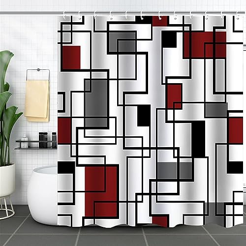 Mesnt Duschvorhang Antischimmel, 180x200cm Polyester Textil Wannenvorhang Geometrisches Gittermuster, Schwarz Grau Rot von Mesnt