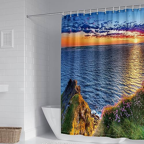 Mesnt Duschvorhang Antischimmel, 90x180cm Anti-Bakteriell Stoff Polyester Badewanne Vorhang Ozeanlandschaft, Blau Grün von Mesnt