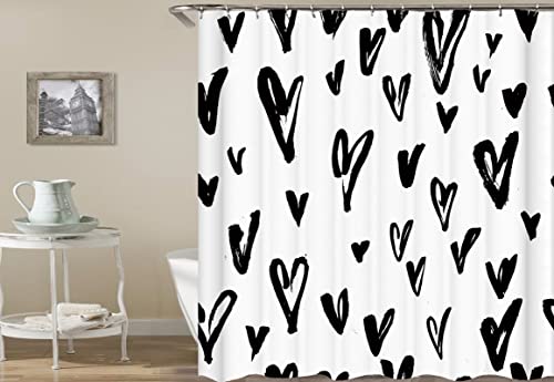 Mesnt Duschvorhang Antischimmel Waschbar, Herz Duschvorhänge für Badezimmer mit C-Ringe (Schwarz Weiß, 150x180cm) von Mesnt