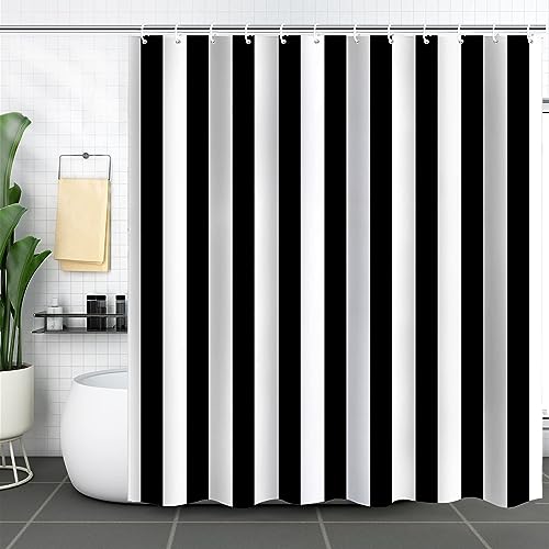 Mesnt Duschvorhang Polyester 180 x 200, Vertikaler Streifen Duschvorhänge für Badezimmer mit C-Ringe aus Polyester, Schwarz-Weiss von Mesnt