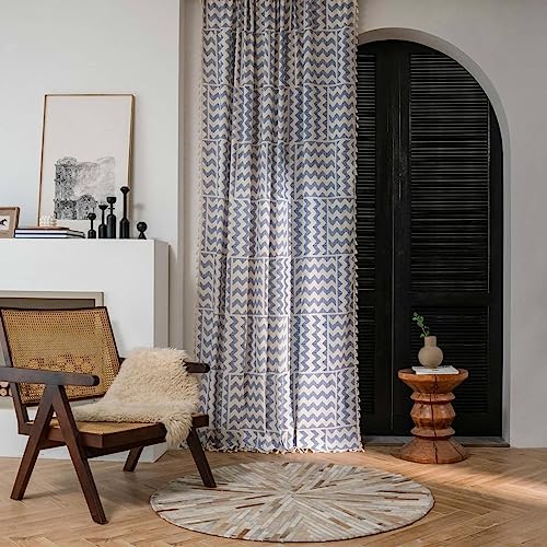 Mesnt Farmhouse Curtains for Living Room, Cotton Wavy Stripe Blocked Pattern Window Curtains for Bedroom Semi Blackout, Blue White (Hook), 59W x 118H inch von Mesnt