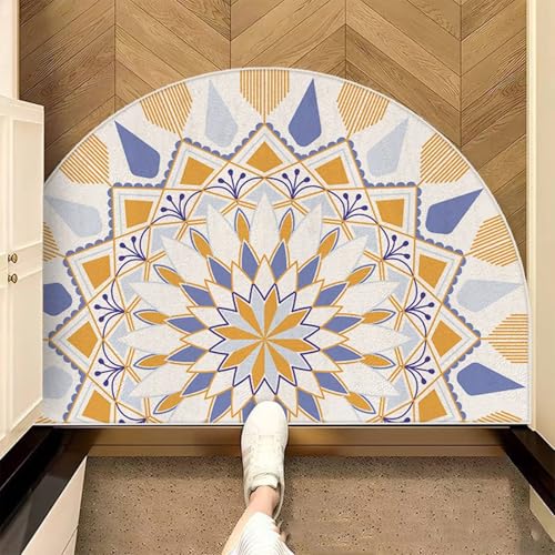 Mesnt Fußmatte Innen, Mandala-Muster Teppiche aus Polyester Pflegeleicht Küchenteppich Ideal für Terrasse Balkon Garten, Gelb Blau, Stil 4, Größe: Halbkreis 40x60cm von Mesnt