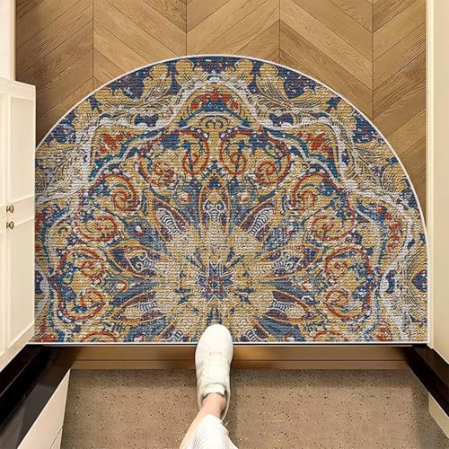 Mesnt Fußmatte Innen Waschbar, Mandala-Muster Teppiche aus Polyester Perfekt für Terrasse, Balkon, Garten & Küche, Dunkelblau Gelb, Stil 2, Größe: Halbkreis 40x60cm von Mesnt