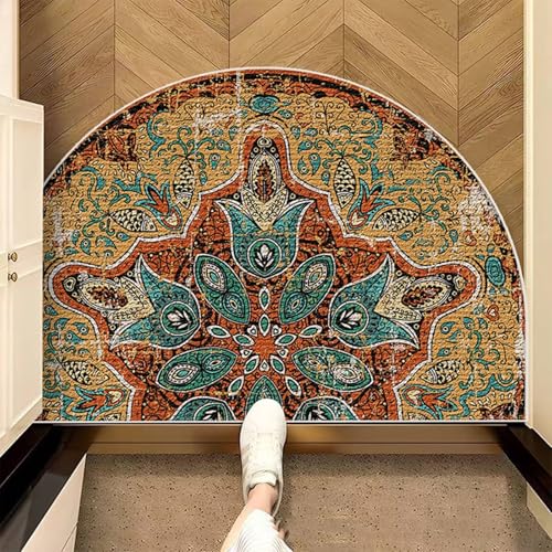 Mesnt Fußmatte Innen Waschbar, Mandala-Muster Teppiche aus Polyester Wohnzimmer Schlafzimmer Kinderzimmer Teppich Deko, Braun Blaugrün Gelb, Stil 4, Größe: Halbkreis 40x60cm von Mesnt