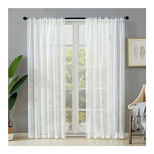 Mesnt Gardine Halbtransparent Weiß, Polyester Transparenter Netzvorhang mit Blattranken-Muster, Weiß, H214 x B86 cm von Mesnt
