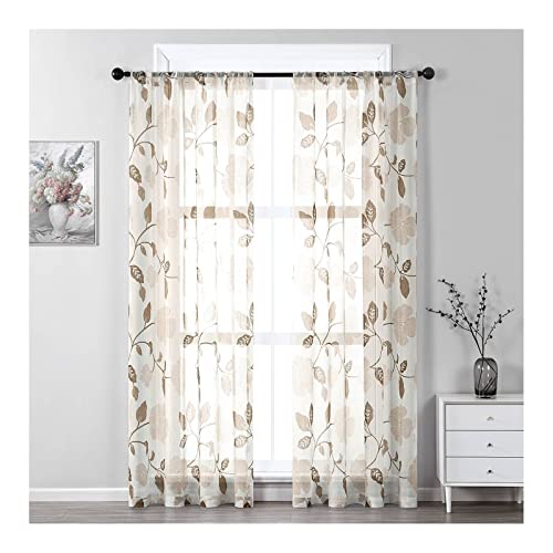 Mesnt Gardine Schlafzimmer, 214 x 102 cm (Höhe x Breite) Blatt-Zweig-Muster Halbtransparenter Vorhang, Braun von Mesnt