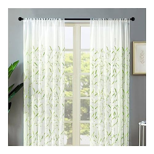 Mesnt Gardine Schlafzimmer, 244 x 107 cm (Höhe x Breite) Durchsichtiger Vorhang mit besticktem Zweigrankenmuster, halbtransparent, Grün von Mesnt