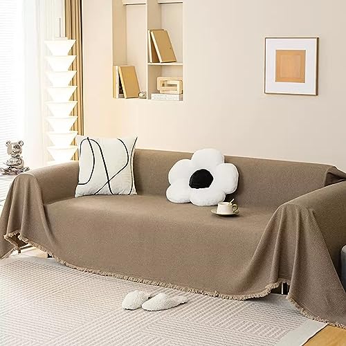 Mesnt Sofa Überzug Kissen, Chenille Couchschutz für Haustiere Einfarbig mit Waffelstruktur und Quaste Braun, 180x420CM von Mesnt