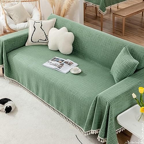 Mesnt Sofa Überzug Schlafsofa, Chenille Sofaüberwurf Decke Couch Einfarbig mit Karomuster und Quasten Grün, 180x180CM von Mesnt