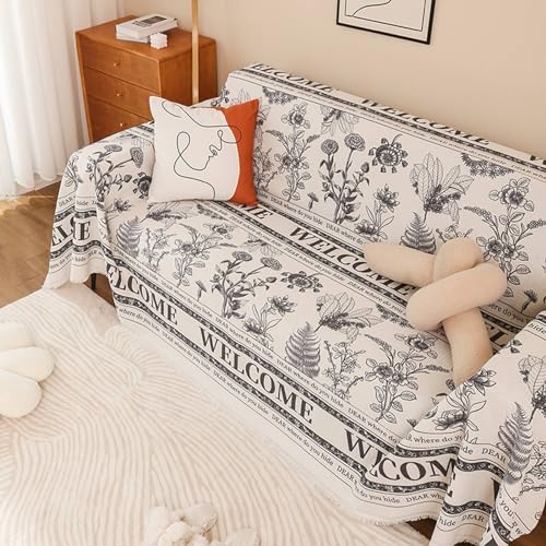 Mesnt Sofa Überzug Schlafsofa, Dunkelgrau Couchschutz für Haustiere mit Blumenpflanzen Welcome aus Polyester Baumwolle, 180x230cm von Mesnt
