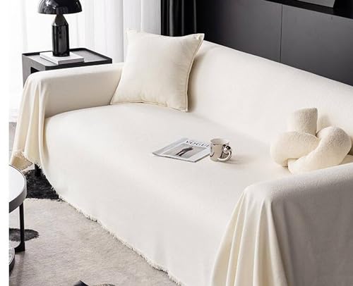 Mesnt Sofabezug Decke, Cremeweiß Waschbar Sofa Protection Cover Schonbezug Couch Einfarbig mit Fransen aus Polyester, 180x380cm von Mesnt
