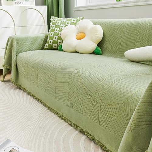 Mesnt Sofabezug Katzenschutz, Grün Sofaüberwurf Decke Couch mit Blattstruktur mit Fransen aus Chenille, 180x260cm von Mesnt