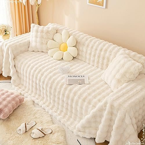 Mesnt Sofahusse 3 Sitzer, Chenille Waschbar Sofa Protection Cover Schonbezug Couch Flauschige, einfarbige Farbe Cremeweiß, 180x280CM von Mesnt