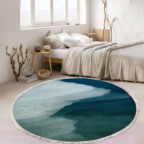 Mesnt Teppich Bürostuhl, Abstraktes Ozeanwellenmuster mit Quaste Teppiche aus Polyester ideal für Küche und Esszimmer, Boho-Style, Krickente, Stil 2, Größe: Rund 90cm von Mesnt