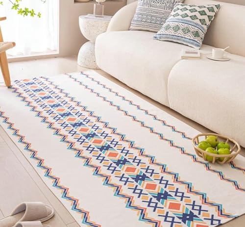 Mesnt Teppich Bürostuhl, Geometrisches Rautenmuster Teppiche aus Baumwoll-Leinen Ideal für Balkon, Garten, Terrasse und als Küchenteppich, Blau Rot Orange, Größe: Rechteckig 65x150cm von Mesnt